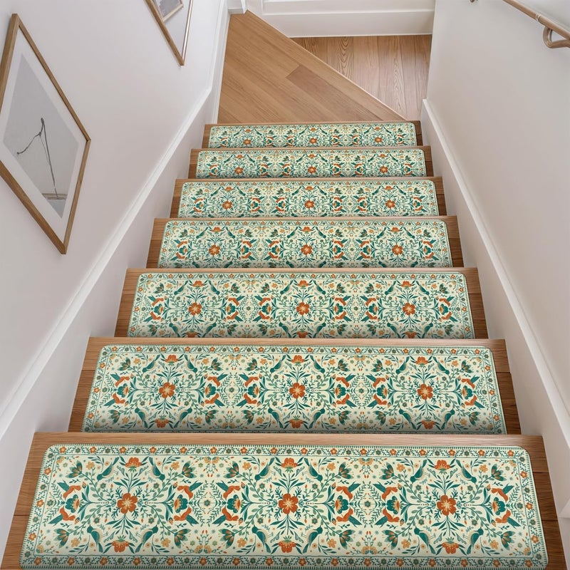 Ojia Floral Stair Treads Non-Slip Stair Runner for Wooden Steps Indoor 15PCS 30"x8" Carpet Stair Treads Stair Mats Staircase Step Treads for Kids, Elders and Dogs, Stair Covers, Beige - Image 1